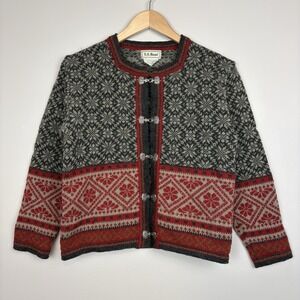 Vtg LL Bean Fair Isle Wool Cardigan Womens S Pewter Clasps 100% Wool Norway